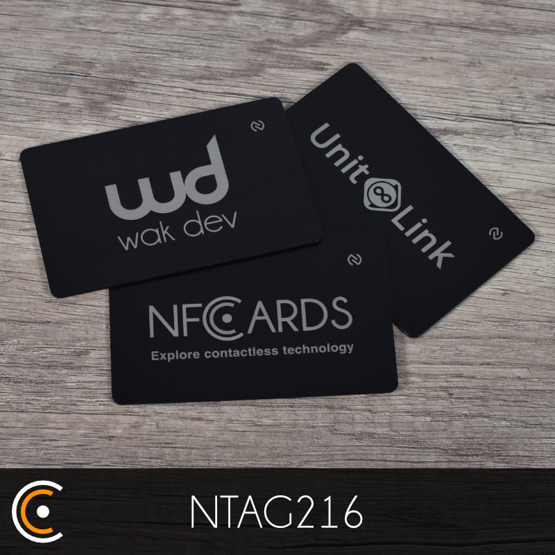 Carte personnalisée NFC - NXP NTAG216 (métal/PVC noir gravure recto) - NFC.CARDS