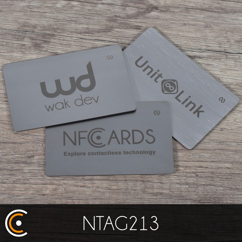 Carte personnalisée NFC - NXP NTAG213 (métal/PVC argent gravure recto) - NFC.CARDS