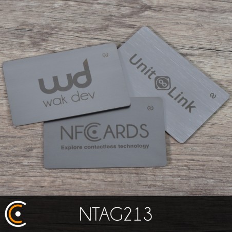 Carte NFC personnalisée - NXP NTAG213 (métal/PVC argent - gravure recto) - NFC.CARDS