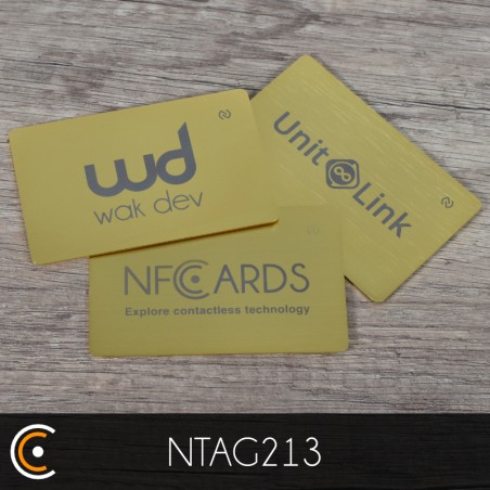 Custom NFC Card - NXP NTAG213 (gold metal/PVC - front engraving) - NFC.CARDS