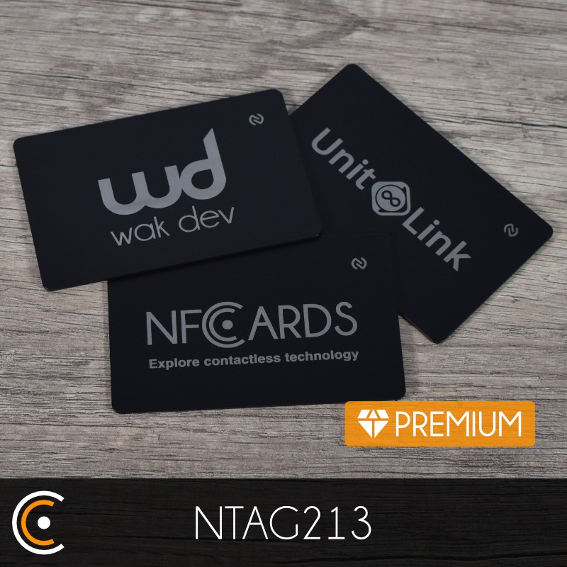 Carte personnalisée NFC - NXP NTAG213 - Premium (métal/PVC noir gravure recto) - NFC.CARDS