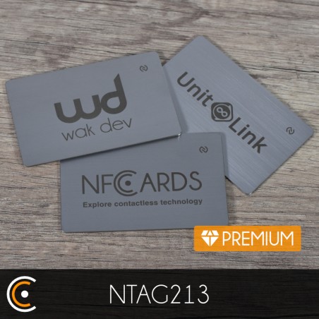 Carte NFC personnalisée - NXP NTAG213 - Premium (métal/PVC argent - gravure recto) - NFC.CARDS