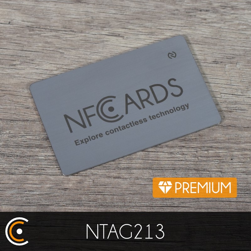 Custom NFC Card - NXP NTAG213 - Premium (metal/PVC silver front engraving) - NFC.CARDS