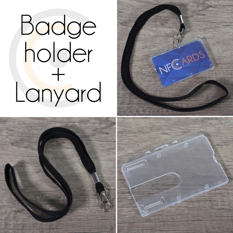 Hard plastic badge holder - horizontal - 86 x 54 mm (transparent) + Lanyard (black) - NFC.CARDS