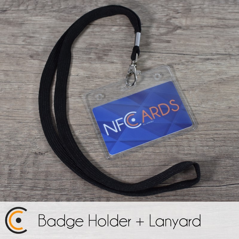 Flexible plastic badge holder - horizontal - 86 x 54 mm (transparent) + Lanyard (black) - NFC.CARDS
